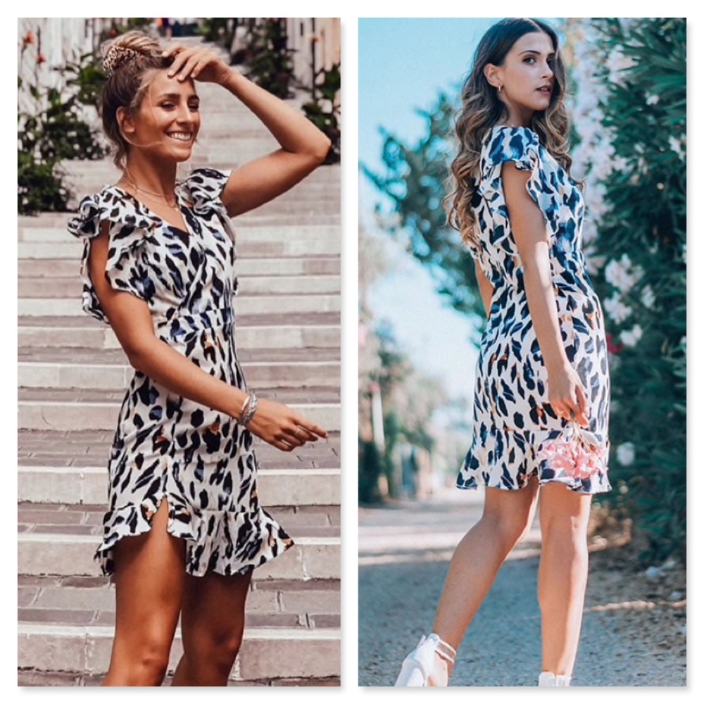 Cheetah Ruffle Detail Surplice V-Neck Mini Dress - Picture 4 of 9